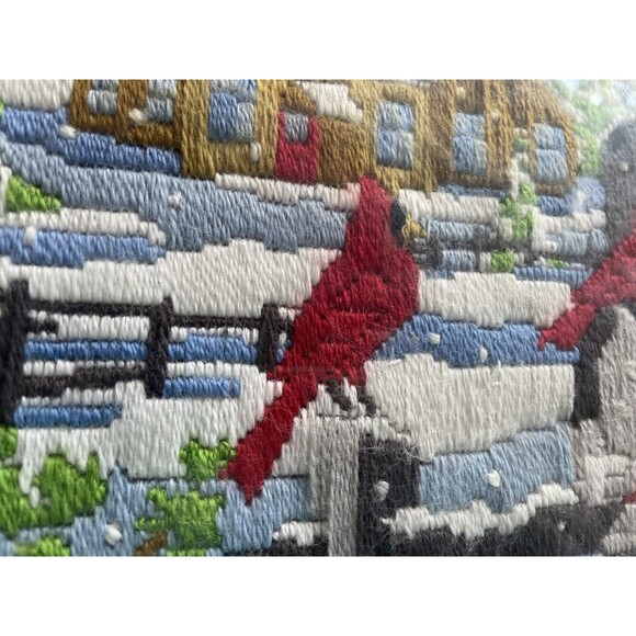 Framed Vtg Crewel Embroidery COUNTRY FARMHOUSE WINTER Red Cardinals Bird Mailbox - Picture 4 of 9